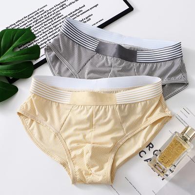 Men Briefs Mid-rise Elastic Waistband Slim Fit Panties Striped Print Patchwork Color U-Convex Underwear