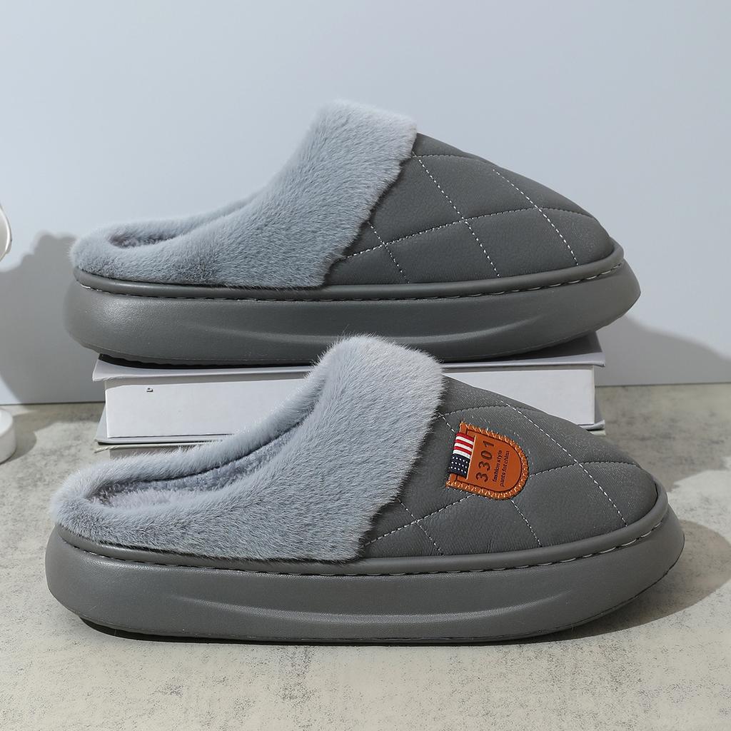 Leather cotton slippers couple autumn and winter home warmth home indoor non-slip thick-soled plush slippers men