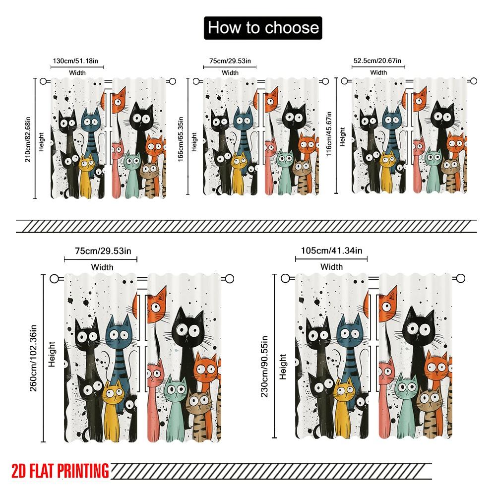 2pcs,2D Plane Printing Pattern Curtains Colorful Cat Parade Polyester Fabric (without Rod) Versatile All Ldeal for Bedroom,