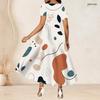 Women Plus Size Round Neck Short Sleeve Abstract Printed Gathered Waist A Line Long Dress