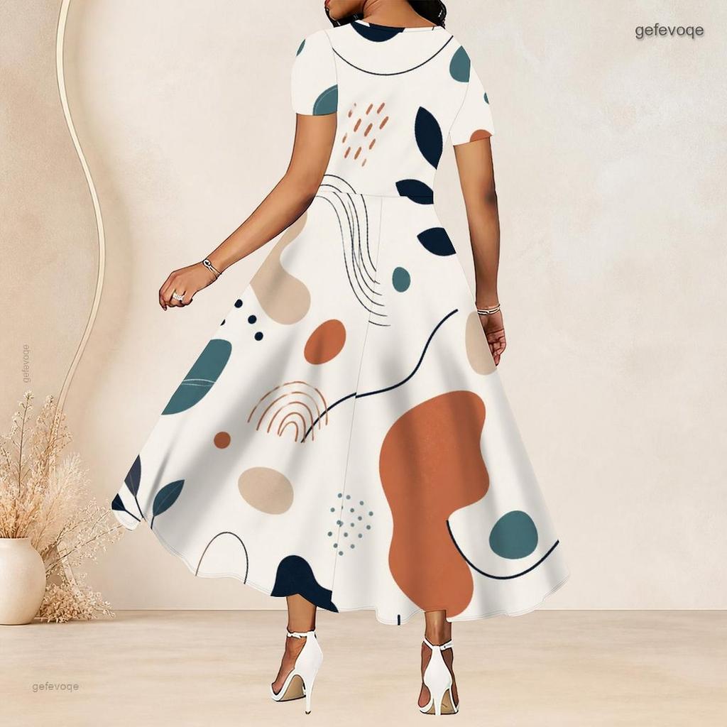 Women Plus Size Round Neck Short Sleeve Abstract Printed Gathered Waist A Line Long Dress