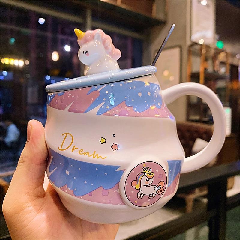Ceramic Unicorn Mug - Rainbow Spiral Coffee Cup with Lid & Spoon, Cute for Girls
