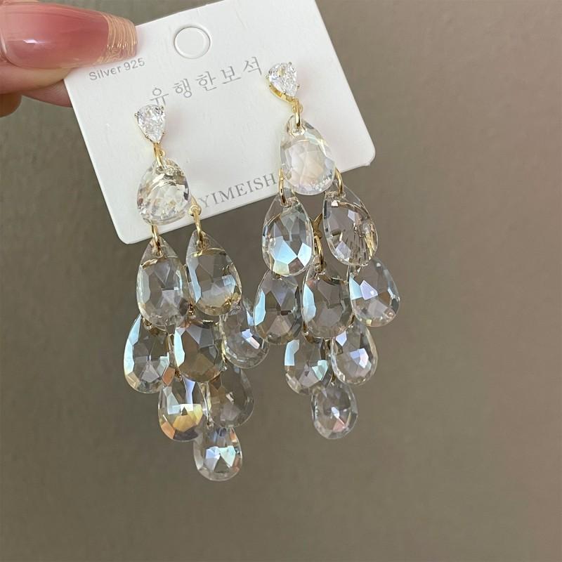 Elegant Long Drop Earrings With White Crystal Teardrop Tassel Sterling Post Lightweight Luxury Statement Jewelry 3755925