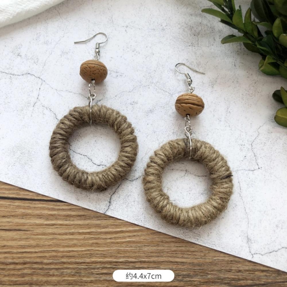 Vintage Mori Grass and Rattan Woven Handmade Earrings Bohemian Vacation Style Stud Earrings Female Ethnic Style Summer Ear Jewelry