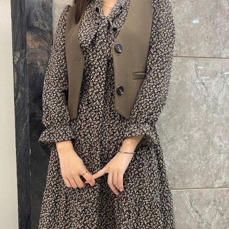 Two-Piece Floral Dress & Vest Set - Spring 2026 Elegant Slim Fit, Long Sleeve, Elastic Waist