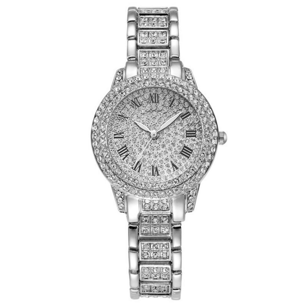 Trendy Roman Numerals Luxury Diamond-Encrusted Cuban Bracelet With Women'S Watch, Fashionable Hip-Hop Steel Watch
