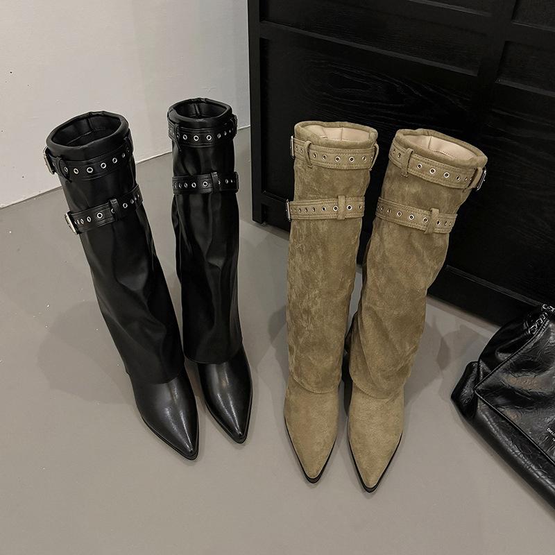 Retro Thin Heel High Boots Women's 2025 New Autumn and Winter Versatile Pointed Western Cowboy Boots Belt Buckle Fashion Boots