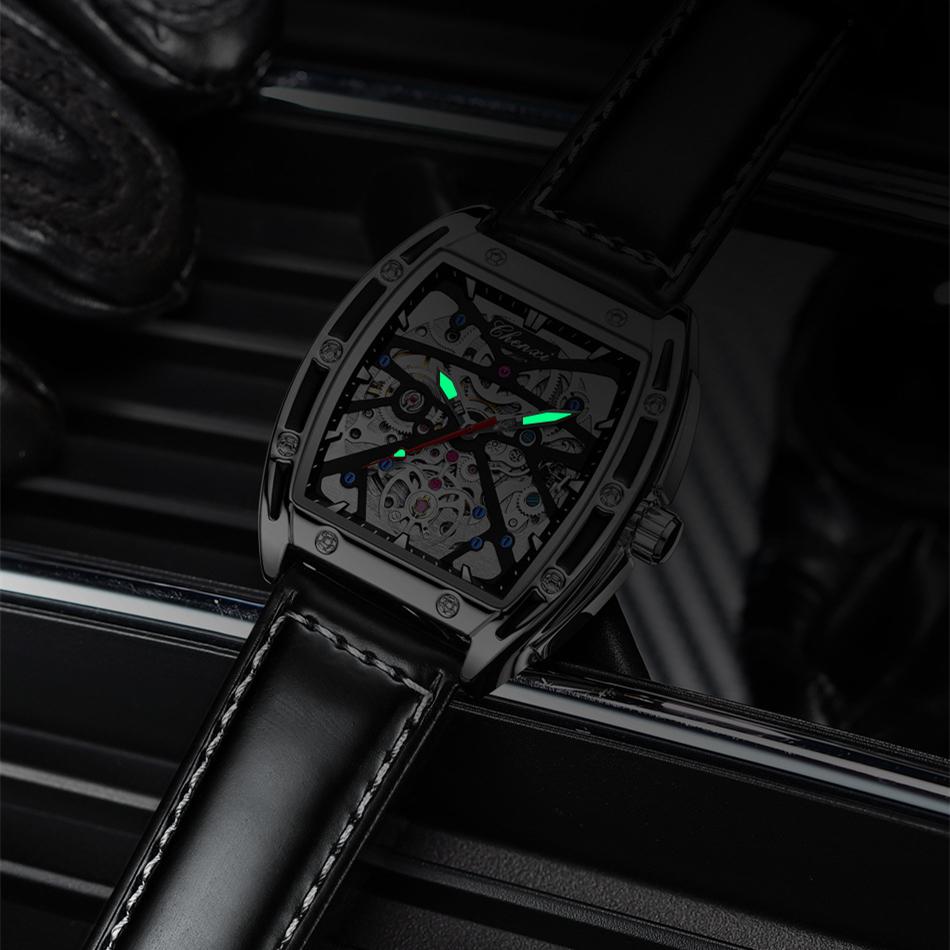 New TOP Brand Luxury Men's Watch With Box Men's Wine Barrel-shaped Hollow Automatic Leather Waterproof Men's Mechanical Watches