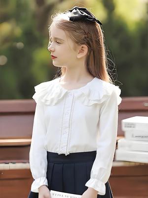 Premium Girls' 100% Cotton Long-Sleeve Shirt - School Style for Spring/Autumn 2026