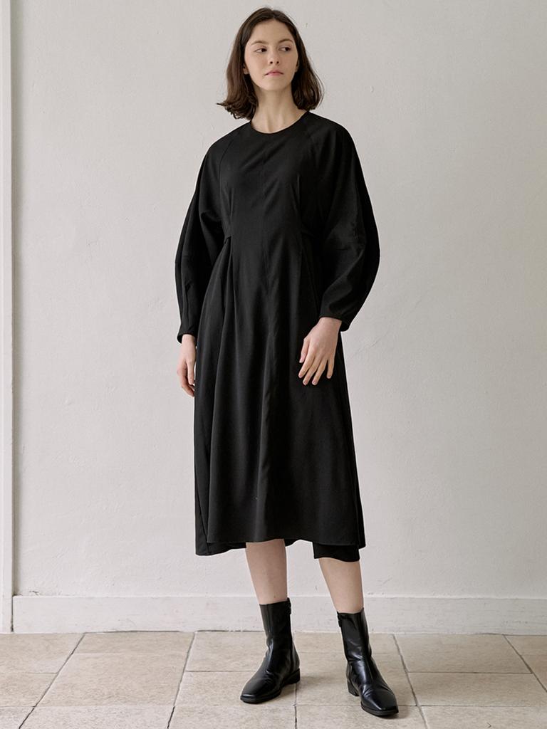 AVANT-G Waist Strap Volume Sleeve Dress - Black