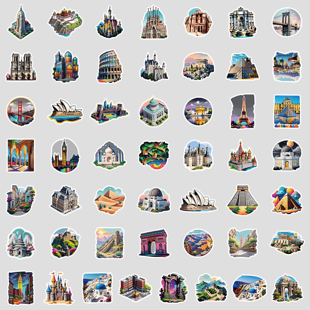 50 Famous Landmark Building Graffiti Stickers, Water Cup, Computer Waterproof Decorative Stickers, Creative DIY Stationery Stickers