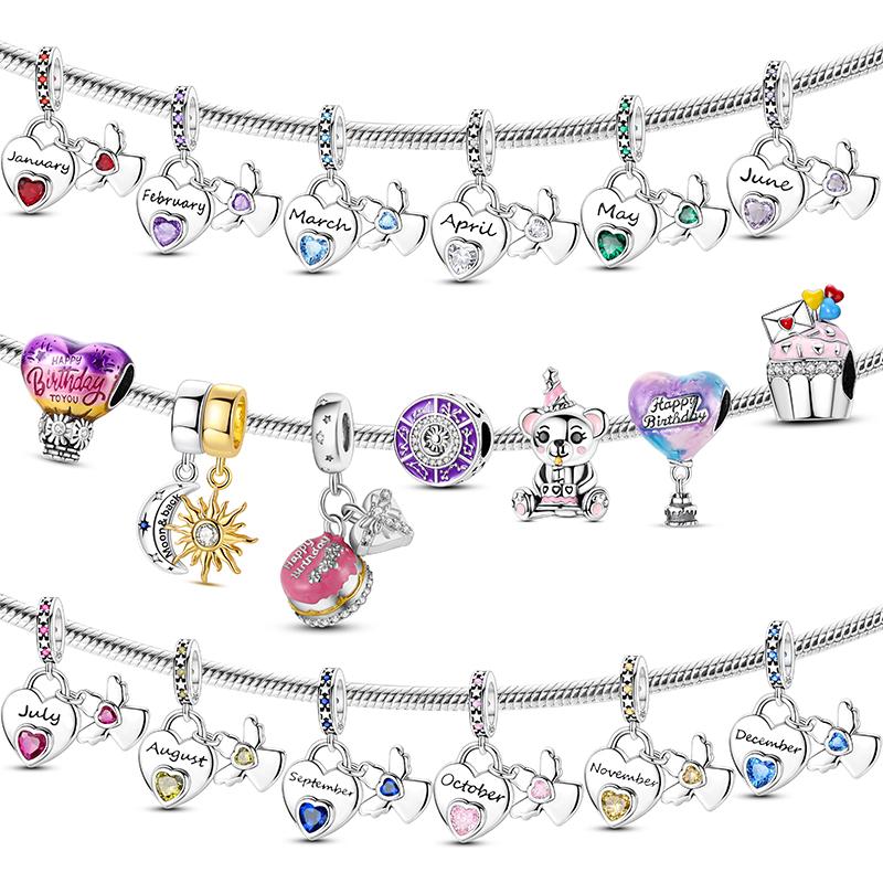 Original 925 Sterling Silver Charms Bead Birthday Month Heart Birthstone Angel Pendant Fit Original Bracelet For Women DIY Gift