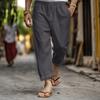 Mens Casual Solid Color Drawstring Waist Linen Straight Long Pants With Pockets