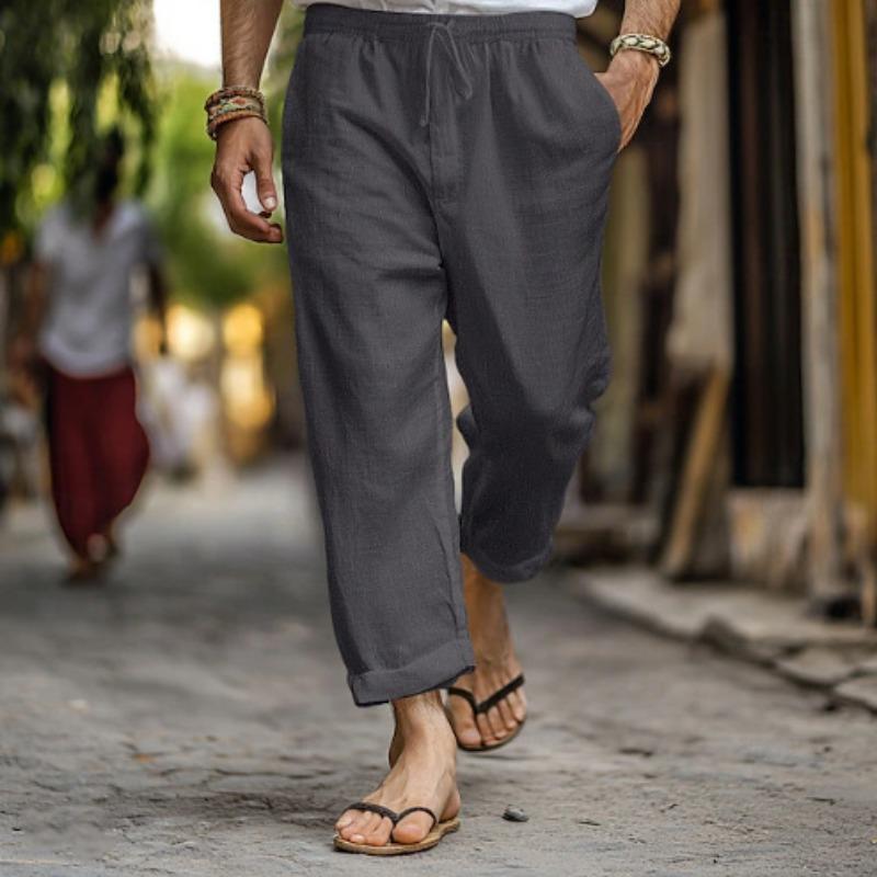 Mens Casual Solid Color Drawstring Waist Linen Straight Long Pants With Pockets