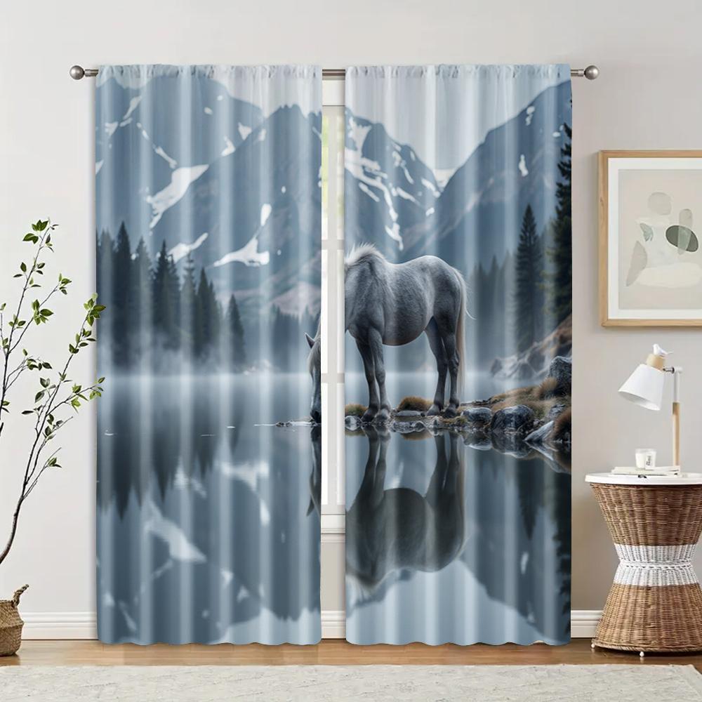 

2 шт., фильтрующие шторы (исключая удилища, неподвижный, без батареек) Величественная голова лошади для использования в спальнях и гостиных 29x65in(75x166cm)