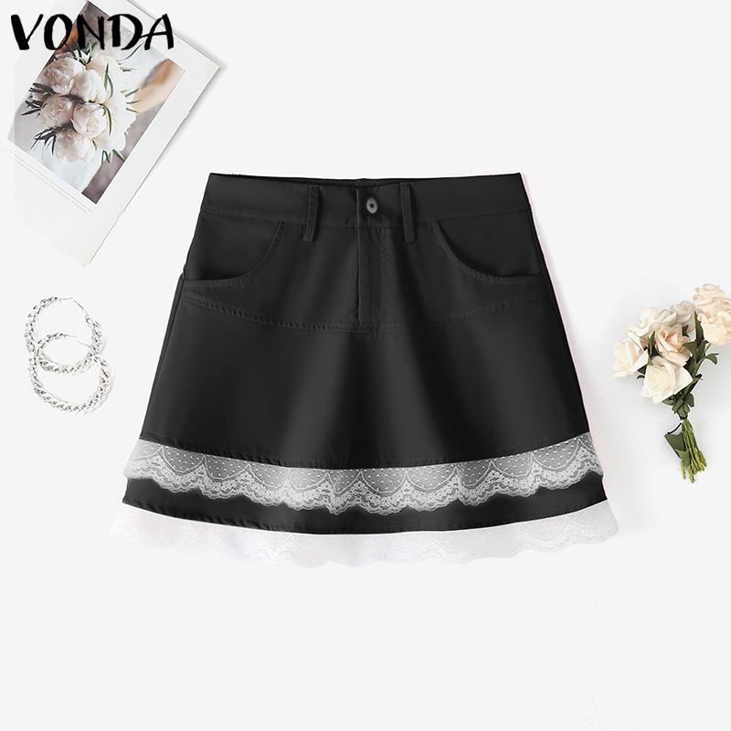VONDA Summer Women Button Zip-up Waist Lace Patchwork Ruffled Casual Mini Skirts