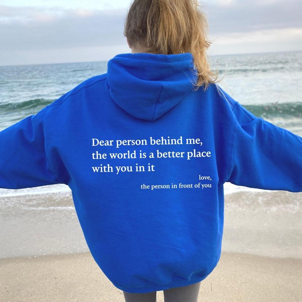 Women'S Shoulder Sleeve Fleece Sweater Plain Letter Print Kangaroo Pocket Drawstring Print Hoodie