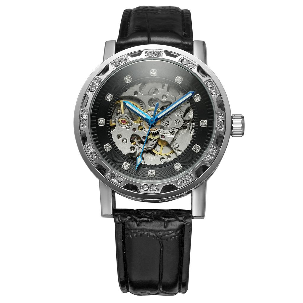 Forsining Three-Pin Automatic Hollow Double Rhinestone Gear Back Through Men'S And Women'S Leisure Mechanical Belt Watch D121