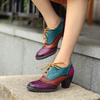 Scarpe da donna versatili con tacchi alti stampati retrò, in vera pelle, con colori misti