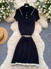 Fashion Knitted 2pc Two Pieces Suits Skinny Short Sleeves Polo Shirt+Short Skirt Drilled Women Simple Style Summer Sets