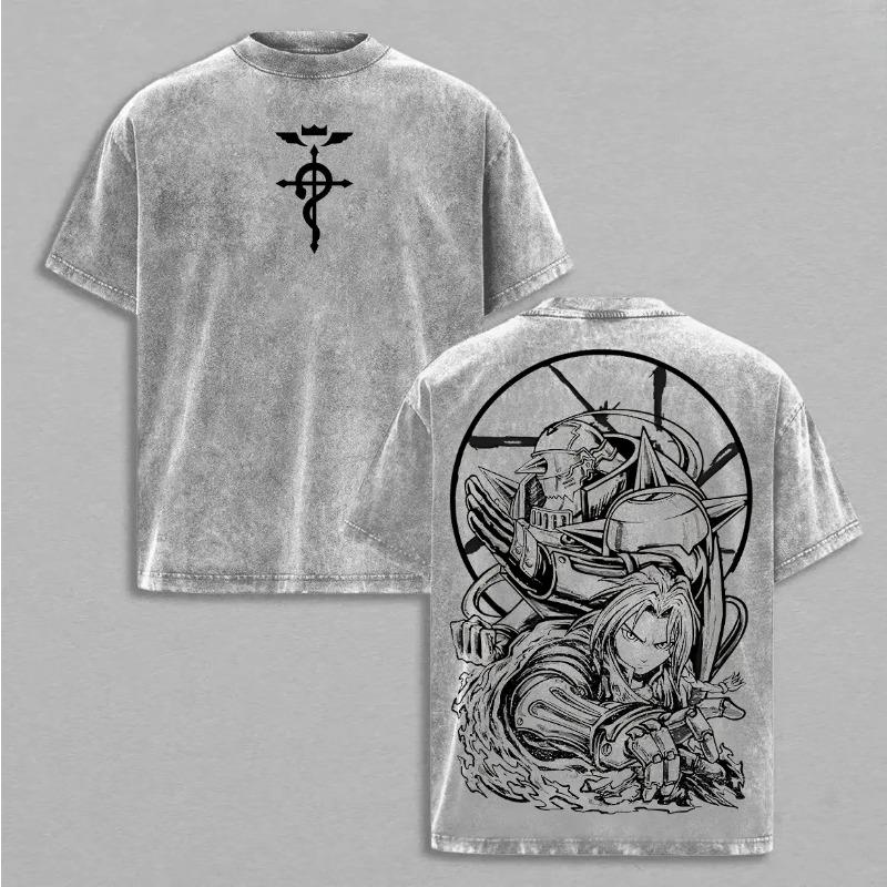 Fullmetal Alchemi Edward Elric T-shirt For Men's Clothing Anime Vintage Washed Oversized T Shirt Short Sleeve Cotton Tees Tops