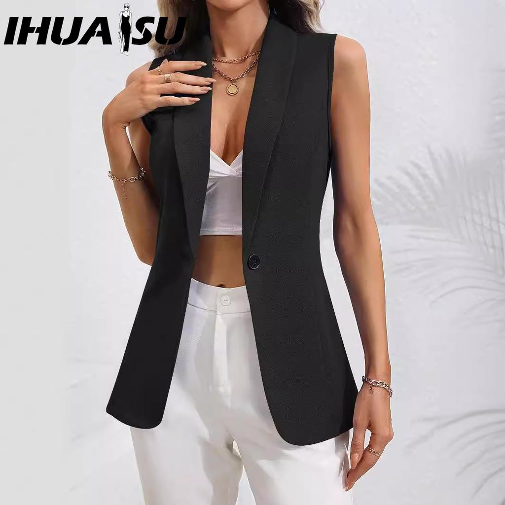 IHUASU Spring and Autumn Solid Color Cardigan Single Button Jacket Sleeveless Round Neck Coat for Women