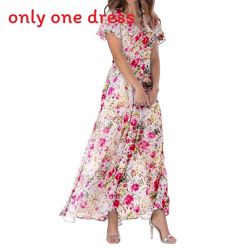 Summer Floral Chiffon Dress With V Neck Short Sleeves For Elegant Casual Wear