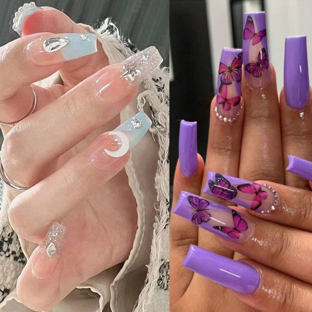 

24pcs DIY Manicure Fake Nials Green Press on Nails Purple Butterfly False Nails LongBallerina French