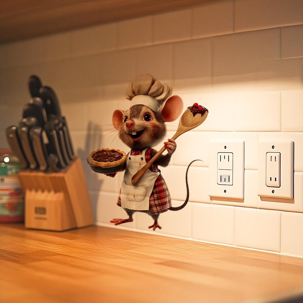 Playful Chef Mouse Wall Sticker Removable Self-Adhesive Decal for Kids Room Kitchen Childrens Wall Decor