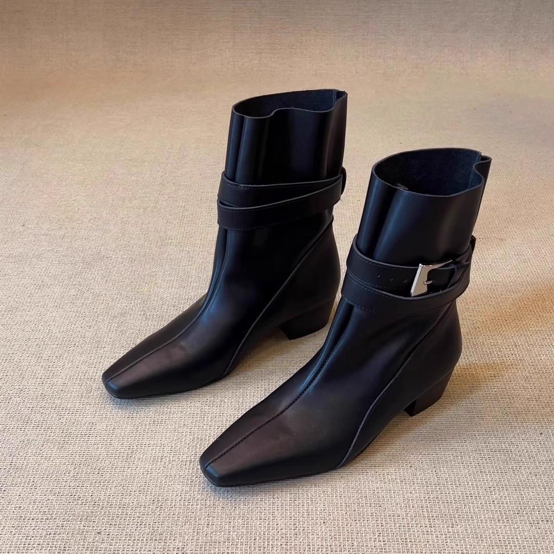 

Версия из овчины~ Французские ботильоны с квадратным носком и пряжкой на ремне, женские ботильоны на толстом каблуке, ботинки Мартин, британские ретро универсальные тонкие ботинки, детские 40 чёрный