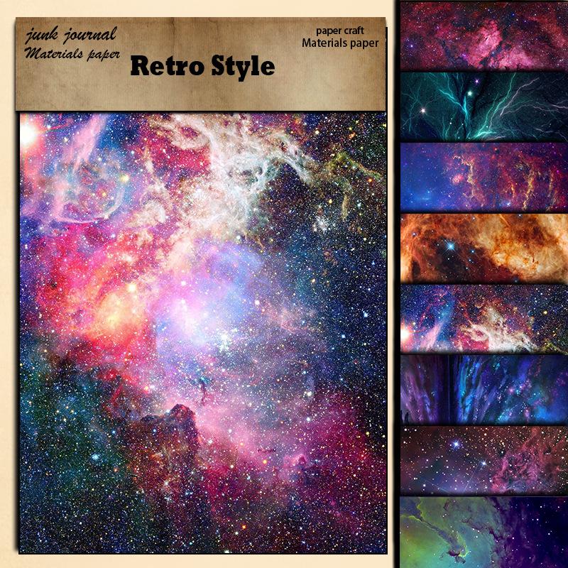 Starry Sky Galaxy Pattern Retro Paper - 8 Sheets for Journal & Collage Decor