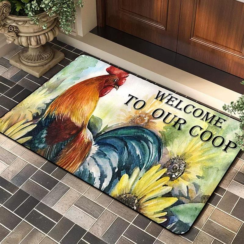 Farmhouse Rooster Patterned Area Rug Artistic Sunflower Print Carpet Soft Non Slip Floor Mat For Entryway Doorway Home Decor