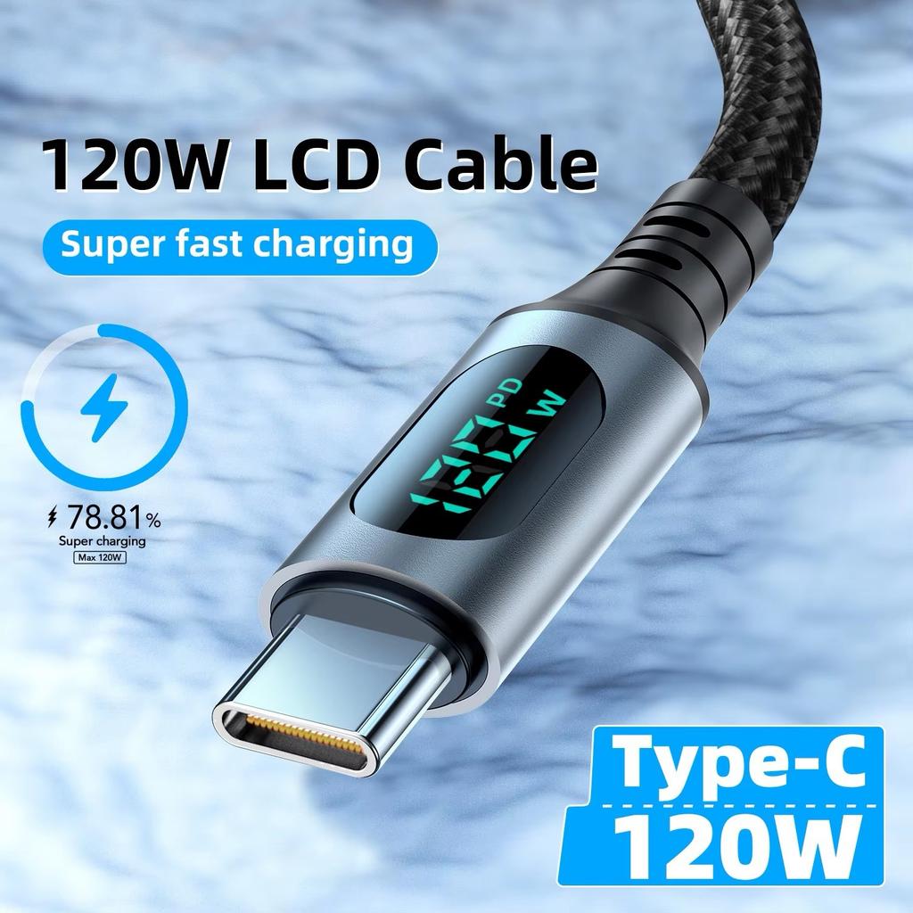 Ultra-Super Fast Charge Cable-6A 120W USB A To Type C Nylon Data Cord For Xiaomi Redmi Samsung With Led Digital Display Cable