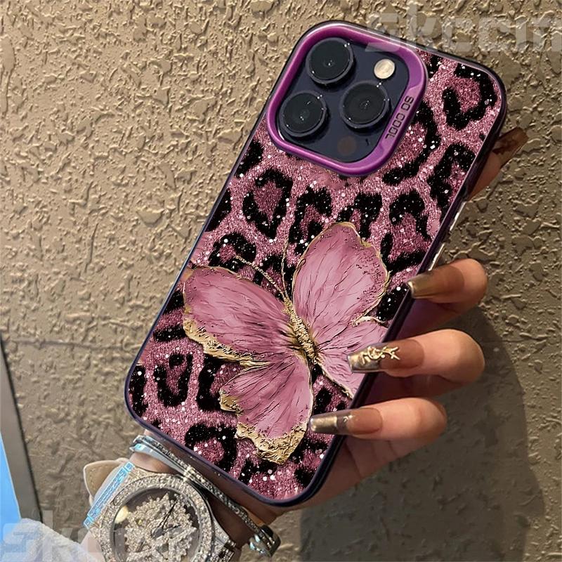 Luxury Butterfly Leopard Print Phone Case For iPhone 16 16E 15 14 13 12 11 Pro Max X XS XR 7 8 Plus SE Shockproof Hard Cover