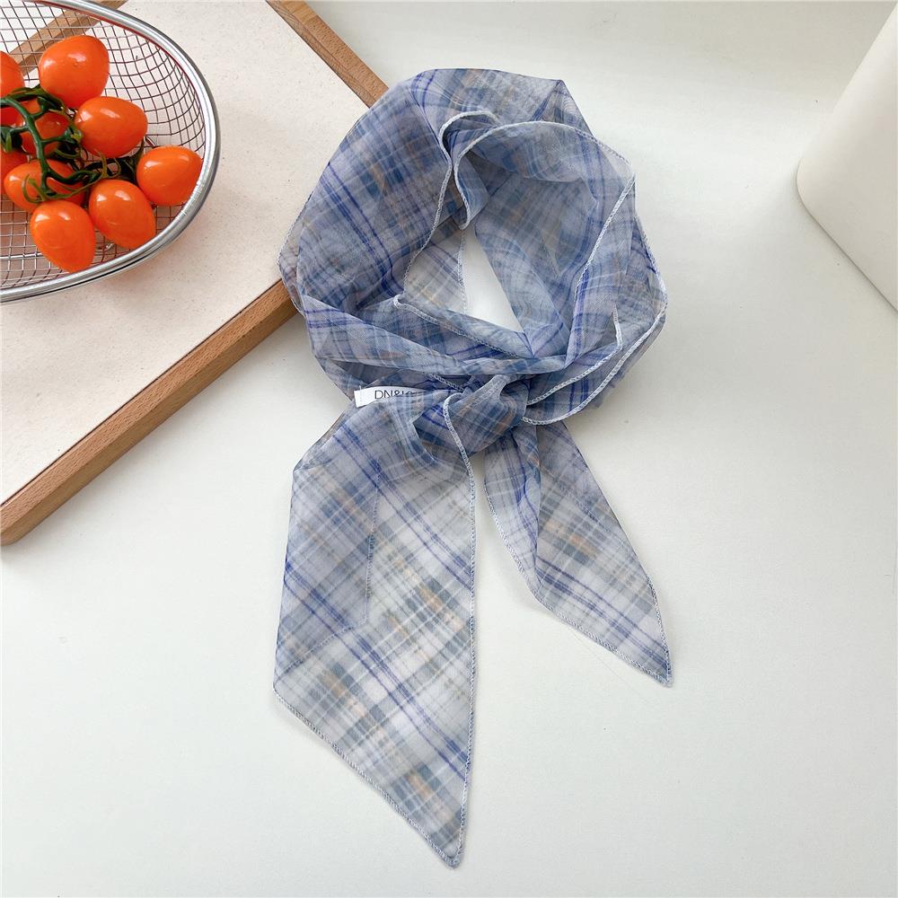 Fashion Korean Thin Silk Scarf Y2k Vintage Plaid Long Ribbon Neckerchief Summer Decorative Silk Scarf Hair Scarf Travel Photo