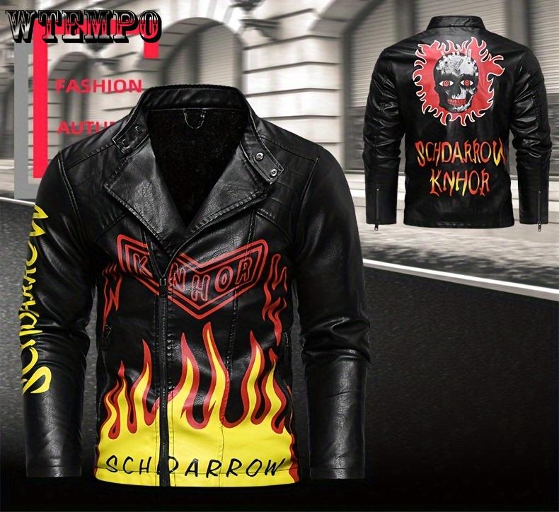 Men's Skull & Flames Print PU Leather Jacket - Street Style Cool Handsome Motorcycle Riding Jacket - PU Leather - for Men