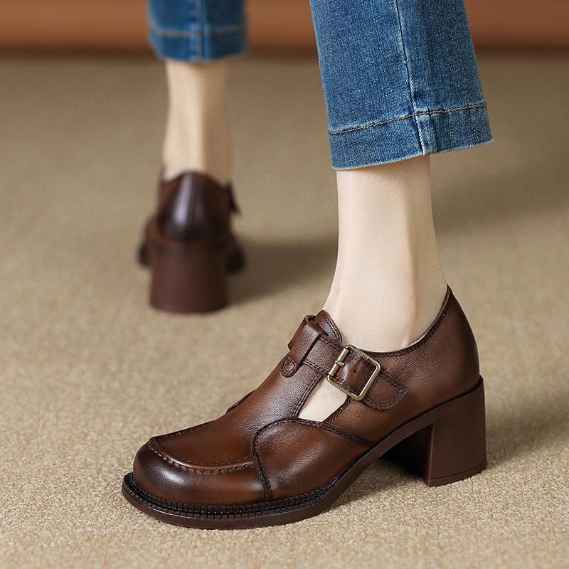 

Весенняя женская обувь, туфли ручной работы из натуральной кожи, туфли на массивном каблуке с круглым носком, женские туфли-лодочки с пряжкой и ремешком, туфли на высоком каблуке