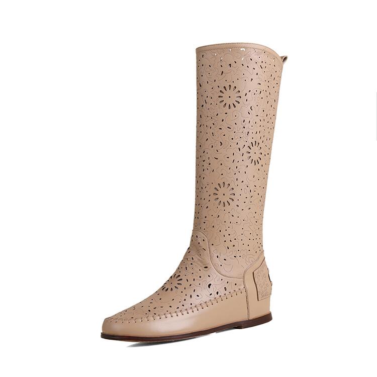 Mode Echtes Leder Ausgeschnitten Runde Zehe Niedriger Absatz Kniehohe Stiefel Mode Frühling Herbst Aprikosenfarbenes Rindsleder Damen Kurzstiefel Größe 43