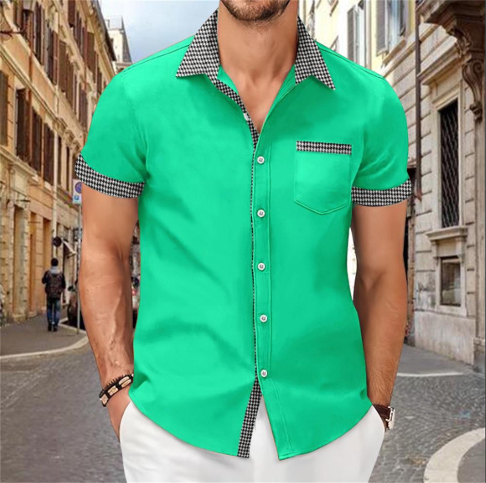 Patchwork printed shirt for men, solid color, comfortable and soft short sleeve top, large size, summer New