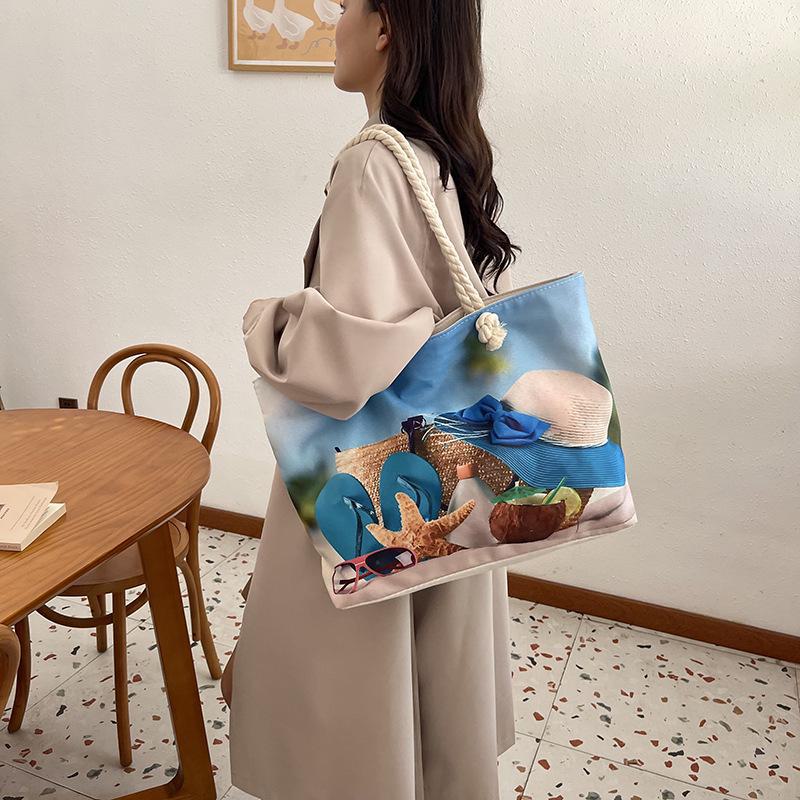 Borsa tote grande in tela da donna - Elegante borsa da spiaggia e da viaggio in lino