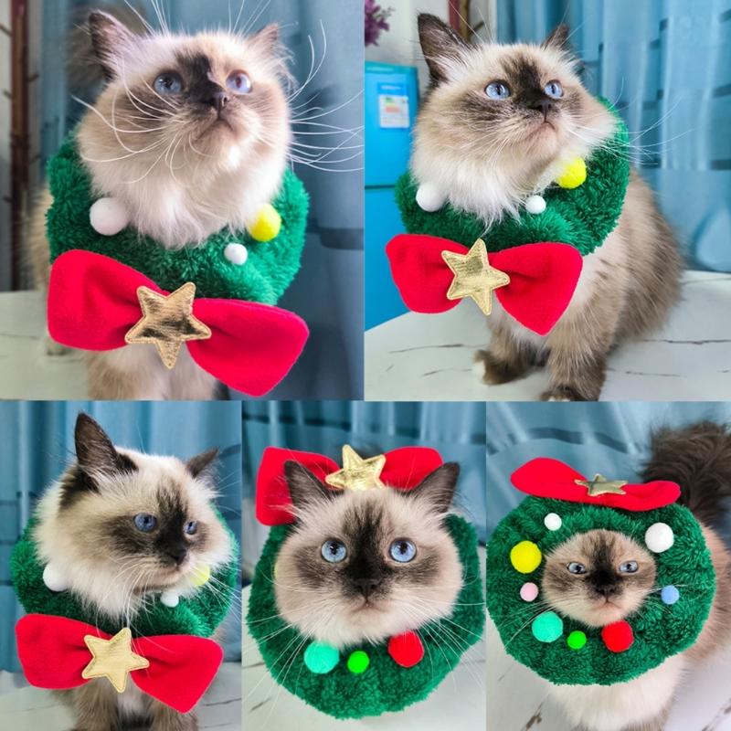 Christmas Pet Costume Dog Cats Neck Jewelry Bowknot Collar Necklace Pet Birthday Supply Dog Collar Soft Pompoms
