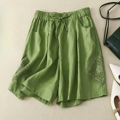 Summer Cotton and Linen Casual Pants Women's Lace Stitching Wide-leg Pants Thin Elastic Waist Stretchable Shorts
