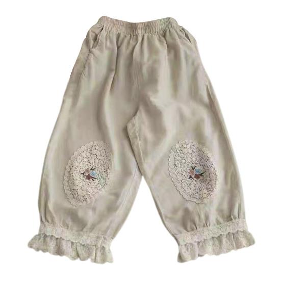 Women Pants Elastic Waist Pocket Lace Patchwork Flower Embroidery Daily Wear Solid Color Plus Size Mid-calf Length Ninth Pants Female Clothes