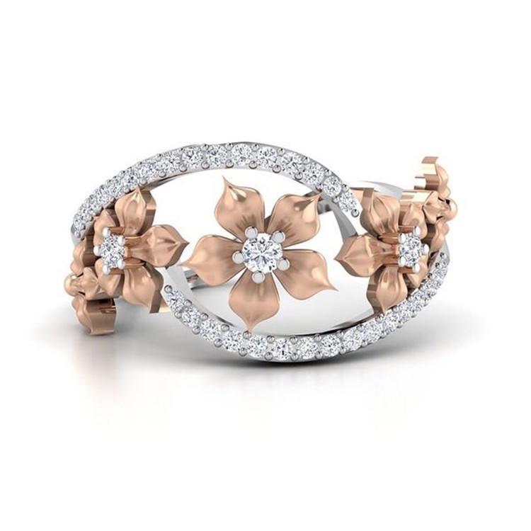 Zhenrong Women's 18K Rose Gold Flower Ring with European & American Color Separation Design