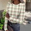 Top Casual de Mujer con Estampado de Cuadros, Cuello Redondo, Manga Larga y Canalé para el Uso Diario y el Trabajo