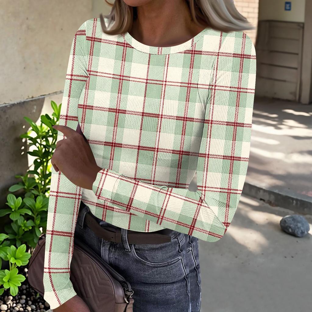 Top Casual de Mujer con Estampado de Cuadros, Cuello Redondo, Manga Larga y Canalé para el Uso Diario y el Trabajo