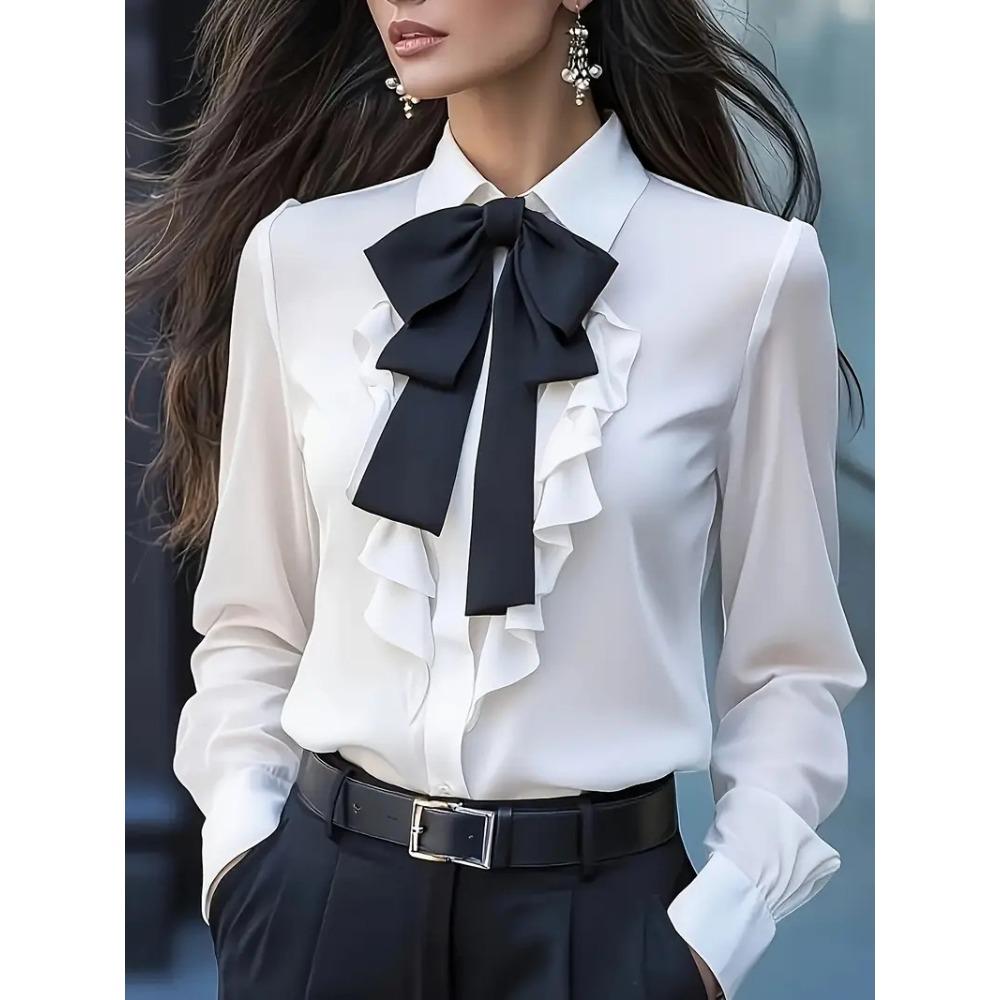New Autumn Plain-color Lace-up Bow and Ruffled Hem Design Blouse for Women