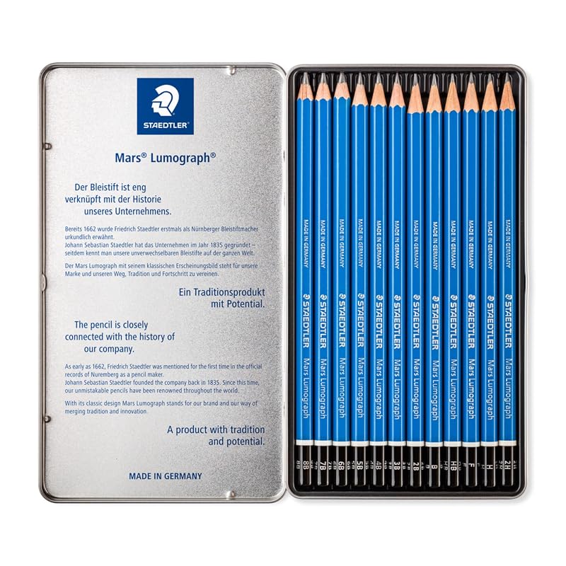 Staedtler Mars Lumograph Pencil Set (12 Hardness Grades: 6B, 5B, 4B, 3B, 2B, B, HB, F, H, 2H, 3H, 4H) - 100 Pencils Per Set (G12)
