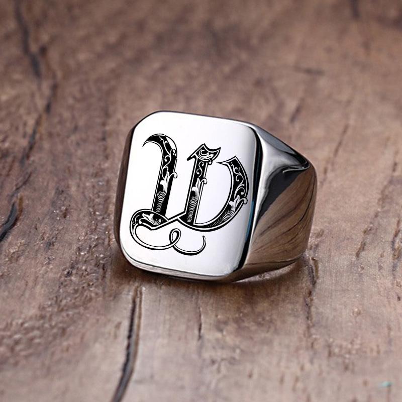 Vnox Retro-Initialen-Siegelring für Männer, 18 mm, sperrig, schwerer Stempel, männliches Band, Edelstahl, Buchstaben, individueller Schmuck, Geschenk für Ihn
