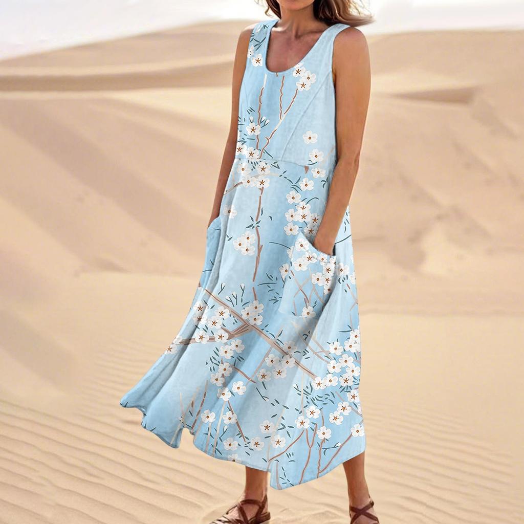Women's Summer Casual Fashion Flower Printed Sleeveless  Pocket Dress